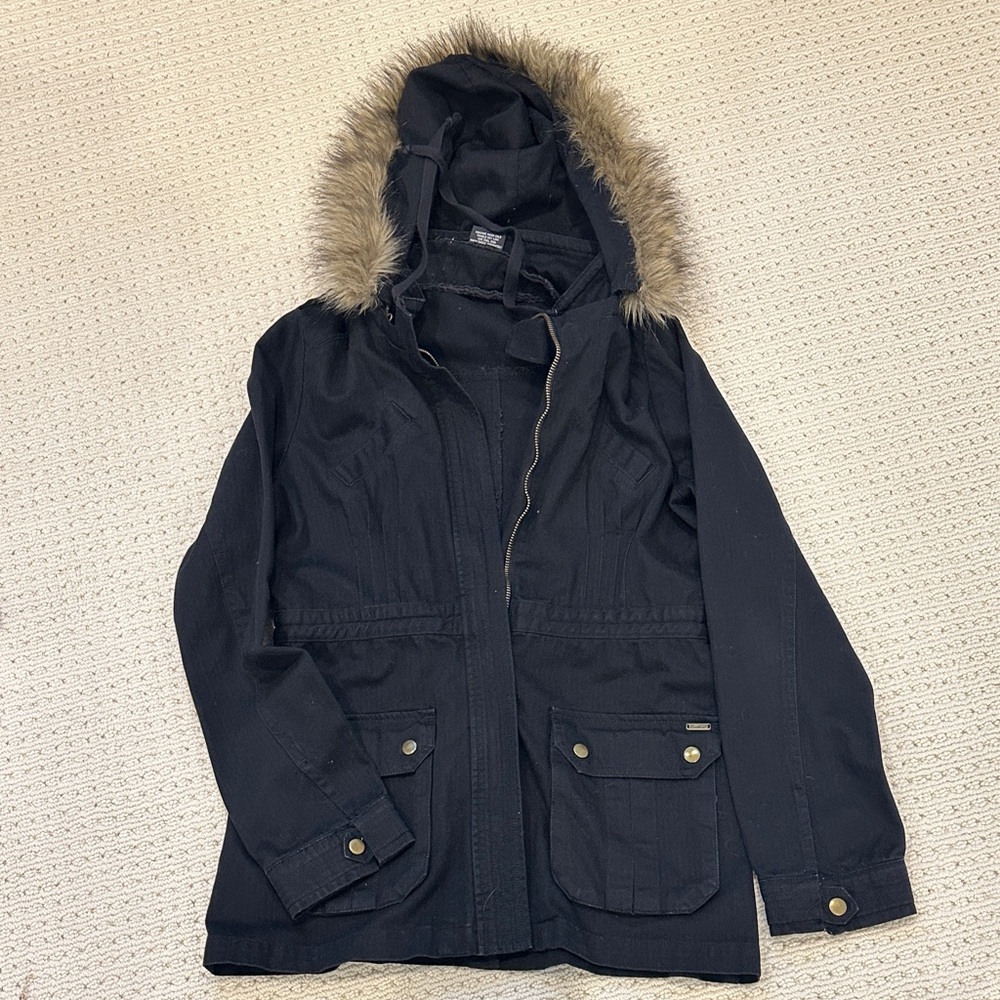 Ezekiel Black Cotton Jacket with Removeable Faux Fur Trim Hood